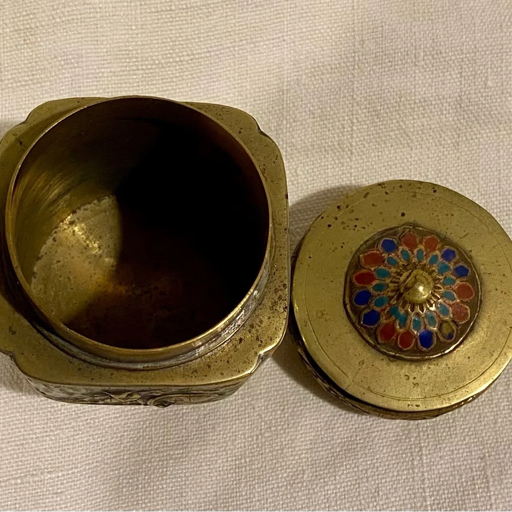 Vintage Chinese brass tea caddy - trinket box - enameled imagery